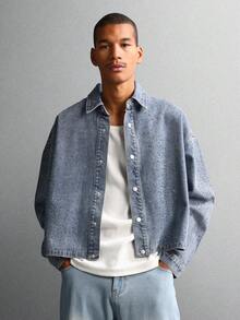 SUMWON Chaqueta vaquera de tela con lavado claro, sobredimensionada, con botones, de longitud corta, con aplicaciones de lentejuelas, de , de uso casual - Azul - Ver 3