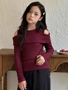 DAZY Tween Girls' Casual Solid Color Off-Shoulder Long Sleeve T-Shirt, Autumn - Rose Red - View 4