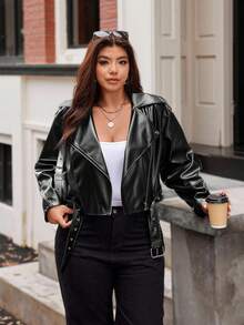 Vionelle Chaqueta corta de motociclista de piel sintética para mujer de talla grande - Negro - Ver 5