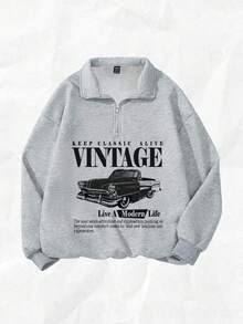 Attitoon Áo nỉ nữ cỡ lớn dáng rộng cổ cao khóa kéo nửa thân in hình xe hơi cổ điển, thích hợp cho mùa thu/đông, phong cách Y2K, áo nỉ phong cách đường phố mùa thu, áo nỉ xe hơi cổ điển, áo nỉ nữ màu xám, áo nỉ cổ điển retro, áo nỉ in hình cổ điển. - Xám - Xem 3