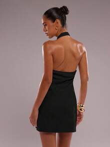 SHEIN BAE Women's Sexy Solid Color Front Button Backless Halter Mini Dress, Summer - Black - View 2