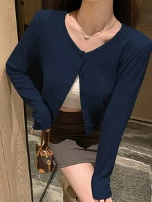 DAZY Women's Solid Color Round Neck Casual Long Sleeve Loose Open Front T-Shirt,Fall Clothes - Blue - View 3