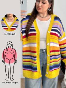 Enliva 大码女式长袖开衫，彩色条纹针织毛衣，秋冬女装 - 彩色 - 查看 9