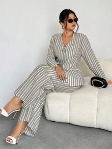 Firerie 大码女式两件套条纹西装、休闲通勤度假装、仿亚麻条纹阔腿裤套装、学校/返校服、乡村音乐会服装、复古风格、教师服装、秋季时尚、乡村音乐节、斯德哥尔摩风格衬衫和裤子套装裤装夏季套装 2 件套休闲套装女式条纹裤套装裤装/金属纽扣装饰西装外套/带口袋、腰部和 A 字型、优雅通勤、办公室女士服装、大码两件套西装 - 彩色 - 查看 8