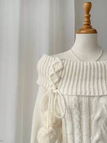 Comfortcana 女士休闲纯色露肩交叉带毛衣，秋冬 - 米色 - 查看 5