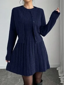 Elenzga 2pcs Set Elegant Solid Color Cardigan Knit Dress For Commuting - Blue - View 4