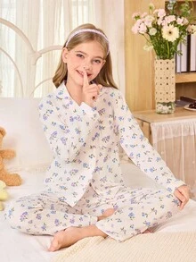 女童葡萄印花翻领长袖睡衣套装 - 米色 - 查看 1