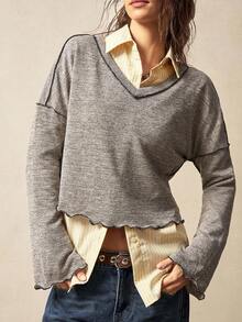 SHEIN BohoFeels Áo thun nữ tay dài cổ chữ V rộng rãi màu trơn đơn giản họa tiết tương phản phong cách Boho - Màu be - Xem 4