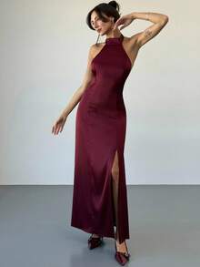 Aloruh 女士时尚优雅露肩开衩露背连衣裙 - 中紫紅色 - 查看 8