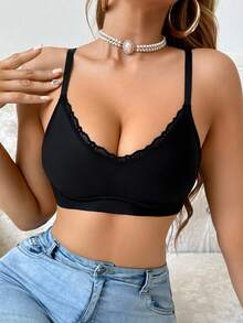 SHEIN 1 件女士简约舒适纯色细肩带文胸 - 黑色 - 查看 3