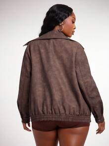SHEIN SXY Áo khoác da PU cổ điển, sang trọng, quyến rũ, quyến rũ, gợi cảm, giản dị, phong cách tối giản, cổ điển, thanh lịch, có túi lớn, cỡ lớn dành cho nữ mùa thu đông - màu nâu - Xem 9