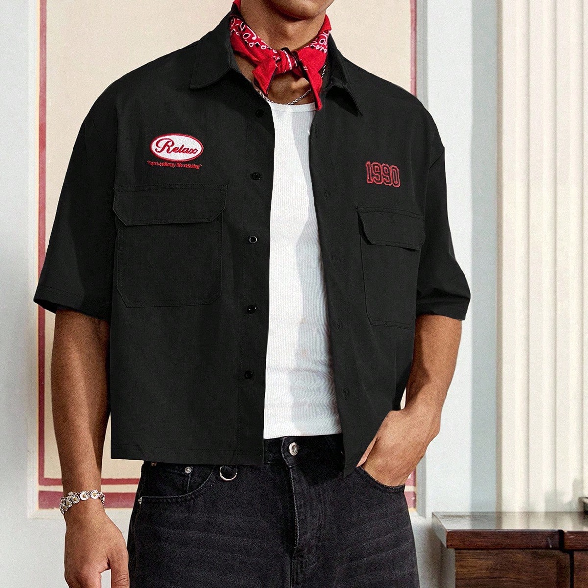 Camisa de manga corta casual de hombre con bordado de letras, de verano