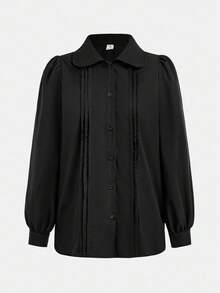 SHEIN Camicetta dolce a maniche lunghe con colletto alla coreana, in colore nero tinta unita, adatta per ragazze adolescenti, stile casual, da casa, da strada, per pendolarismo, clean girl, stile Y2K, adatta per primavera, estate, autunno, inverno