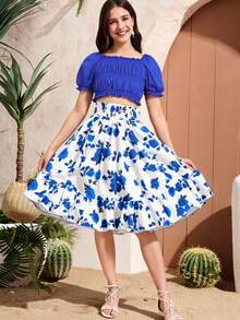 SHEIN 少女泡泡袖包身上衣與花朵A字裙套裝