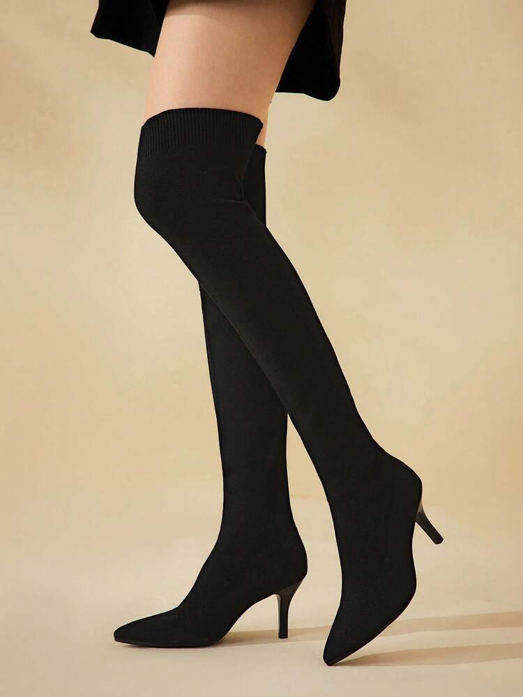 CUCCOO BASICS Fashionable & Versatile Black Elastic Thigh-High Boots For Christmas Spring Shoes
