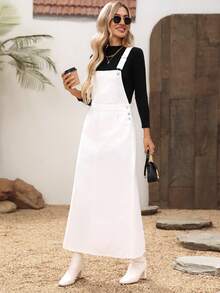 EMERY ROSE 女式纯色无袖休闲百搭牛仔连身裤，带口袋 - 白色 - 查看 6