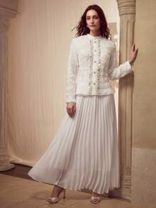 MOTF PREMIUM VESTIDO MIDI PLISADO DE GASA CON TEXTURA DE ROSA DECORATIVA PARA MUJER - Blanco - Ver 7