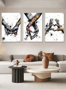 SHEIN 3件套涂鸦牵手帆布画 - 抽象画，适用于客厅墙面装饰和情侣礼物，不含画框 - 彩色 - 查看 4