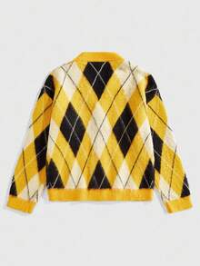 ROMWE MEN Prep Men's Jacquard Knit Cardigan, Loose Short Style Sweater, Fall Winter, Long Sleeve Top - Yellow - View 5