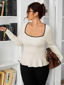 SHEIN Frenchy Sweater Rajut A-Line Leher Persegi Warna Kontras Minimalis Kasual untuk Wanita Ukuran Plus, Serbaguna untuk Musim Gugur/Musim Dingin - Krem - View 6