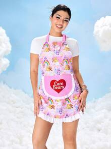 SHEIN X Care Bears 1件可爱爱心小熊图案厨房围裙，烘焙围裙，荷叶边蝴蝶结装饰，可爱围裙，两种尺寸，亲子围裙 - 彩色 - 查看 5
