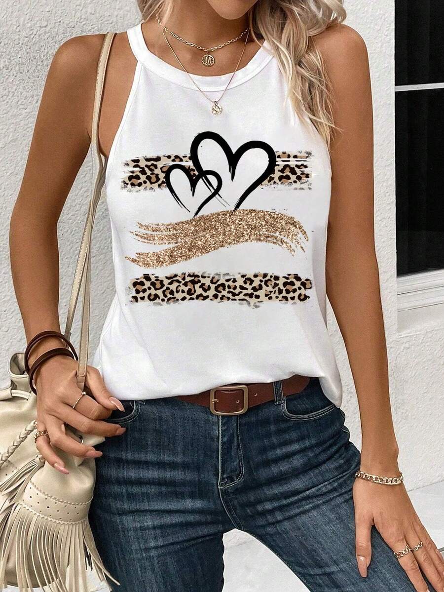 SHEIN LUNE Women's Casual Heart Pattern Halter Neck Fitted Tank Top, Suitable For Summer Back To School - White - View 1