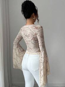 Elenzga Women's Fashionable Sexy Lace V-Neck Bell Sleeve Slim Fit Blouse Yasmin Yasmina - Apricot - View 2