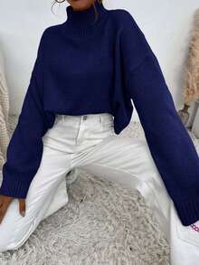EURMUSE Mock Neck Drop Shoulder Sweater - Navy Blue - View 7