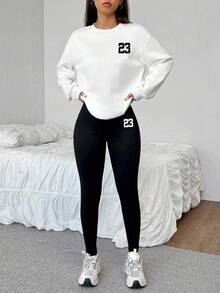 SHEIN EZwear 2 件套休闲宽松圆领运动衫和紧身打底裤，23 号，街头服饰，复古，返校，复古，秋季女士休闲装，秋冬，校服，乡村，嘻哈，街头服饰，运动，健身，健身房 - 彩色 - 查看 1