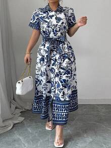 Elenzga Plus Size French Placket Short Sleeve Shirt Dress, Blue & White Cashew Flower Pattern, Cinched Cinched Waist A-Line Silhouette, Elegant For Work/Casual Wear, Spring/Summer