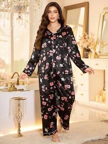 LuxeNights Floral Print Faux Silk Lapel Collar Long Sleeve Pajama Set For Plus Size Women, Fall Clothes