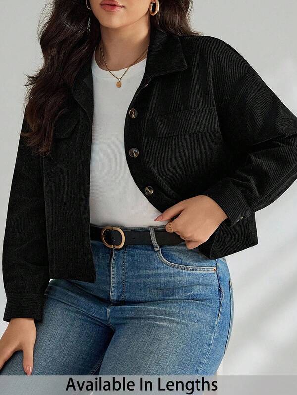 SHEIN Tall CURVE Plus Size Solid Color Front Button Fake Pocket Simplistic Casual Holiday Corduroy Fall Coat Winter Autumn