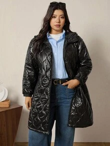 Zelara 大码女式绗缝拉链羽绒服，秋冬季外出 - 黑色 - 查看 9