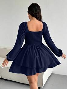 Clasi Vestido elegante de talla grande de unicolor con cintura anudada y doble dobladillo - Azul marino - Ver 5