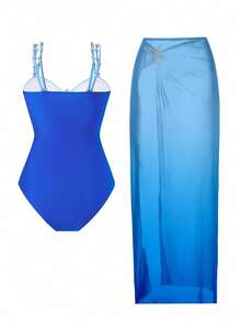 Swim Oasis 加大码连体泳衣，渐变蓝至海军蓝海星金属装饰，简约优雅的女士海滩装，夏季 - 彩色 - 查看 2