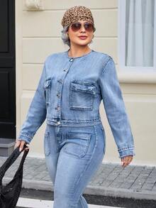 EMERY ROSE Áo khoác denim vừa vặn, cổ điển, thời trang dành cho nữ cỡ lớn - Rửa nhẹ - Xem 7