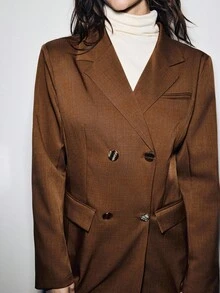 SHEIN Luminelle 女士秋季金属纽扣垫肩棉质休闲长款西装外套和裤子套装 - 鏽棕色 - 查看 5