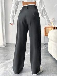 Flirla Women's Fashion Commuter Contrast Waistband Straight Leg Pants