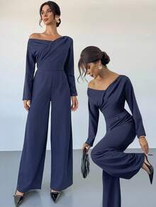 Firerie Macacão feminino azul-marinho, cor sólida, manga comprida, cintura plissada, pernas largas, extra longo, elegante e generoso, macacão feminino formal, elegante, romântico, assimétrico, cruzado, traje feminino para professora, macacão feminino para o dia a dia, roupa primavera, outono e inverno, elegante, para o dia a dia, casual, diário, minimalista, traje de trabalho - Azul marinho - Ver 2