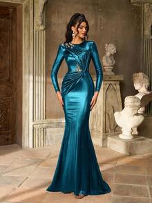 Aureia Đầm dạ hội trang trọng dành cho nữ, cổ tròn, tay dài, vai rộng, xếp ly, viền đuôi cá, họa tiết hoa 3D thủ công màu nâu sẫm sang trọng, thanh lịch - Màu xanh ngọc - Xem 1