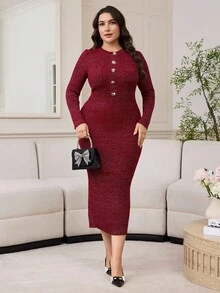 Modelyn Vestido de punto elegante y entallado de talla grande para ir al trabajo, ropa de otoño e invierno para mujeres - Burdeos - Ver 6