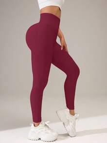 SHEIN Core Rhythm Quần legging bó cạp cao liền mạch Sport Studio dành cho nữ - Quần legging co giãn 4 chiều mềm mại, thoáng khí, dùng để chạy bộ, đạp xe, tập yoga, bóng chày, thường ngày - Màu Đỏ Sâu - Xem 5