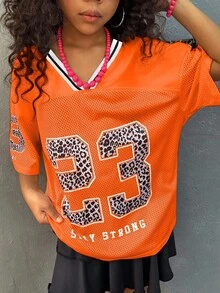 Coolane Kids Tween 女童休闲运动风格豹纹印花和数字图案撞色 V 领宽松网眼透气 T 恤，夏季 - 橘色 - 查看 2