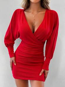 Cottnline Surplice Neck Batwing Sleeve Dress - Red - View 4