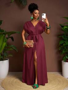 Veslaya Plus Size Summer Vacation Casual Solid Color Front Button Long Dress - Burgundy - View 10