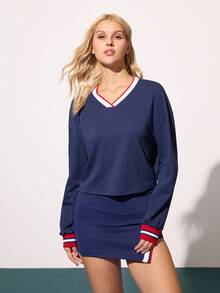 CourtClass CourtClass Damen Loose Sweatshirt, Farbblock gerippter V-Ausschnitt Langarm Dropped Shoulder, Lässig Sport Tennis Alltags Tragen, Herbst/Winter Athletisch Matching Set Tennis Kleid Langarm Athletisch Rock Sets Damen Tennis Rock Set - marineblau - Übersicht 6