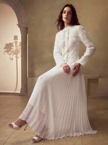 MOTF PREMIUM VESTIDO MIDI PLISADO DE GASA CON TEXTURA DE ROSA DECORATIVA PARA MUJER - Blanco - Ver 1