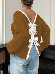 Elenzga Plus Size Women Casual Bowknot Crew Neck Long Sleeve Sweater, Autumn/Winter - Mustard Yellow - View 2
