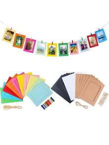 1 Set/21 Pcs Paper Photo Frame, 10pcs Kraft Hanging Picture Frames Display For 4x6in Photo, Cardboard Photo Frames 10 Clothespins With 1 Rope For Birthday, Wedding, Engagement,Anniversary, Valentine's Day And Graduation Party Decor