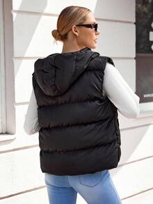 EURMUSE Zip Up Drawstring Hooded Vest Puffer Coat - Black - View 2